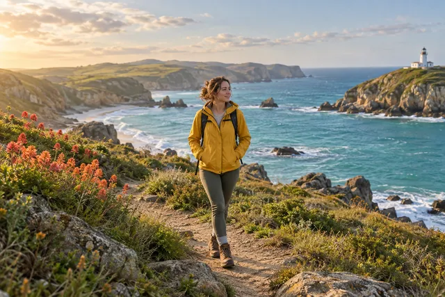Demo image: a traveler in a yellow jacket on a coast